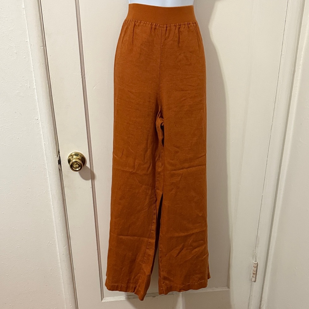 Three Dots Rust Orange Wide Leg Linen Pants